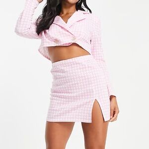 ASOS suit mini skirt with split detail and suit crop blazer in pink houndstooth